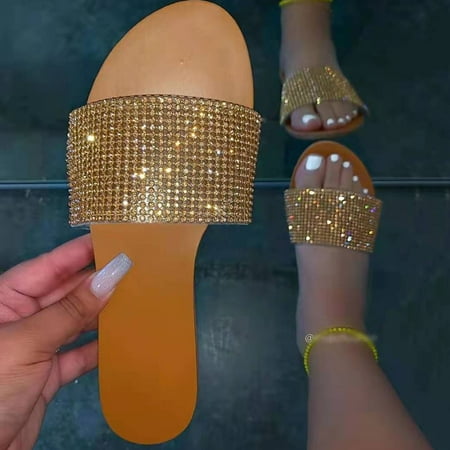 

YOTAMI Sandals for Women 2022 Women s Fashion Casual Flat Bottom Large Size Rhinestone Sandals And Slippers Gold
