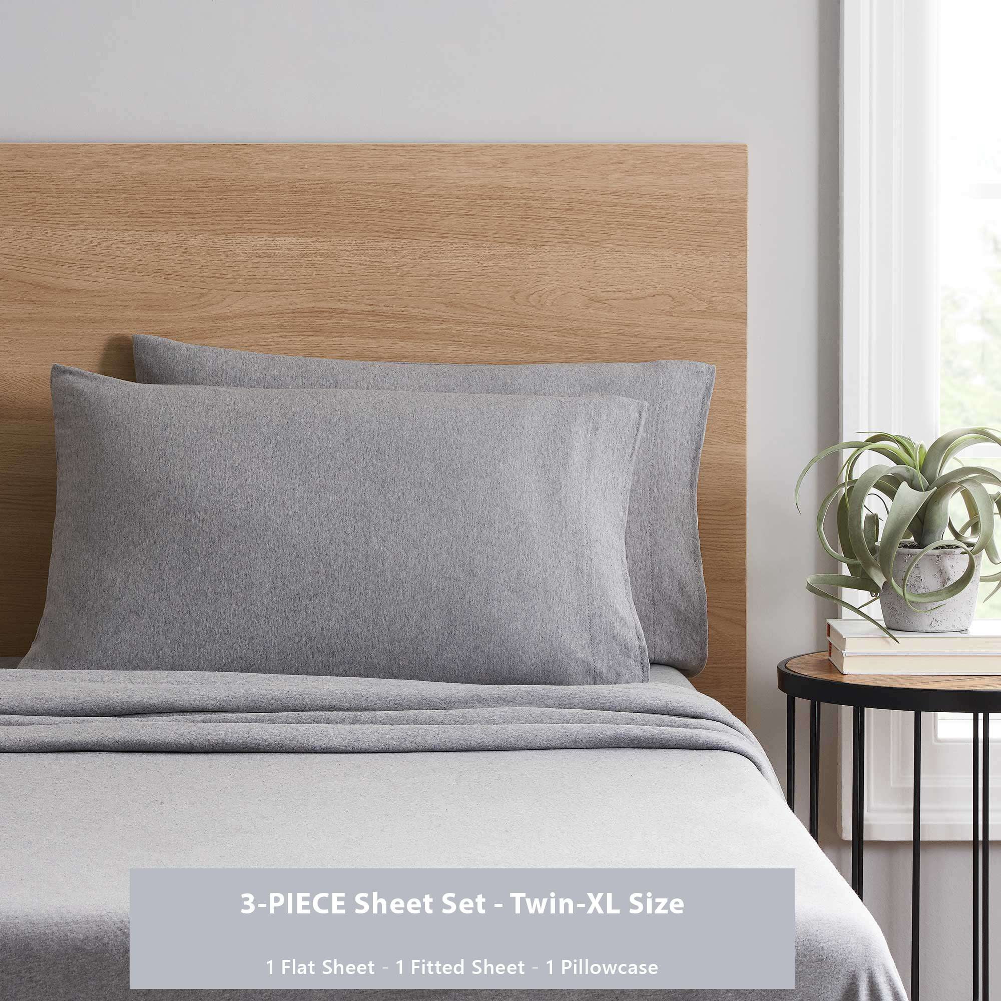 Mainstays Cotton Rich Extra Soft Jersey Bed Sheet Set, Twin-XL, Grey Heather, 3 Pieces