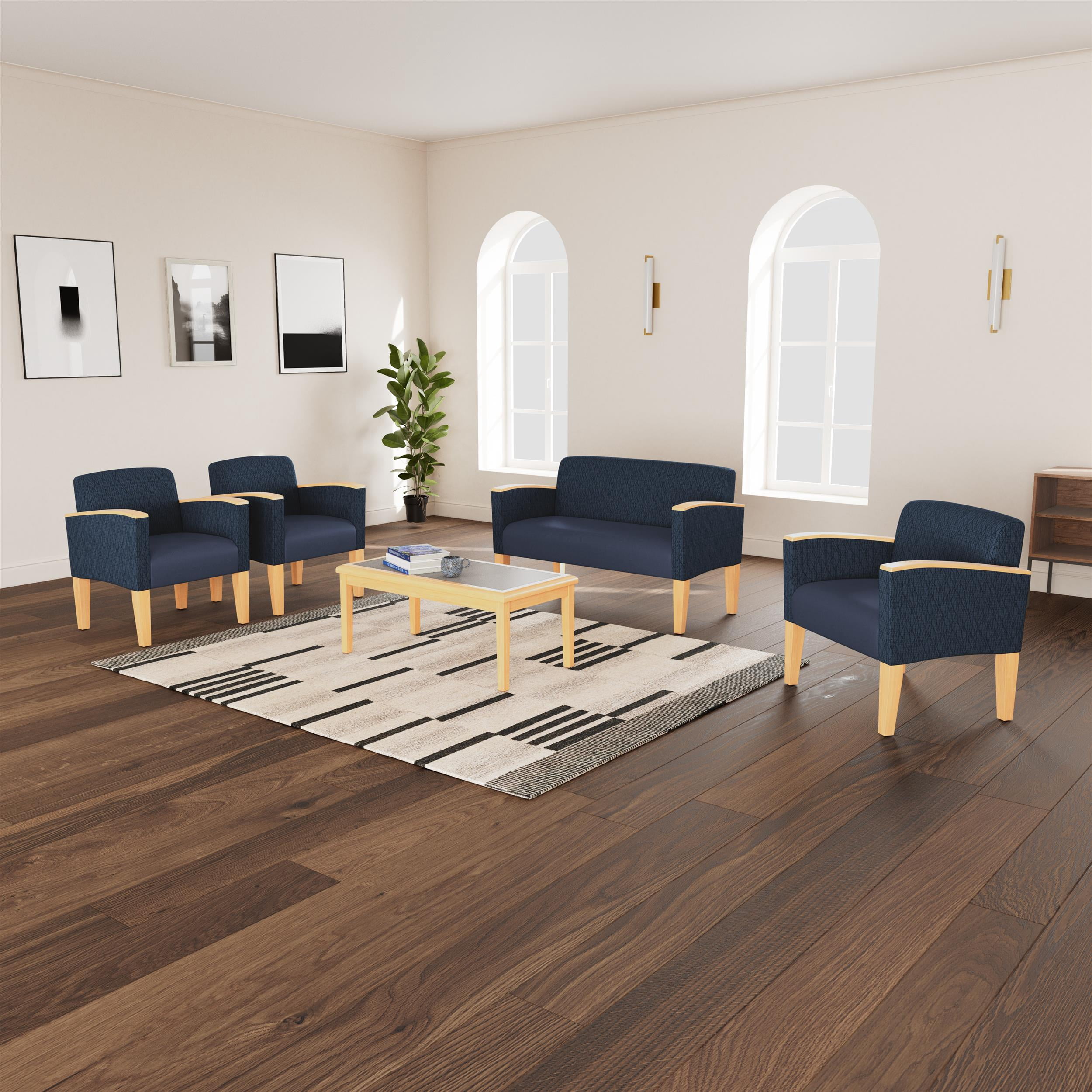 Belmont Lounge Lobby Reception Waiting Loveseat / Black Steel Legs / Navy Blue