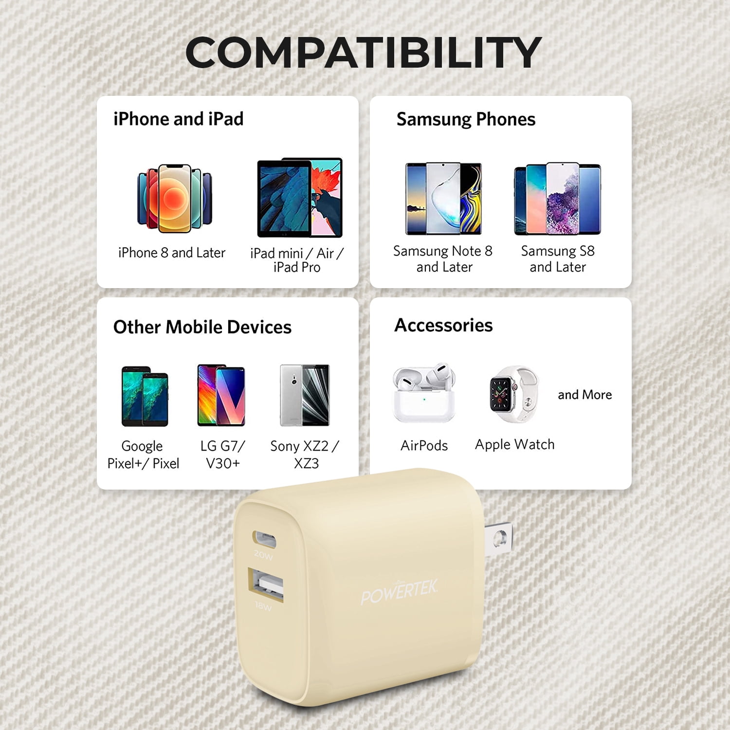 Liquipel Powertek Denim Dual USB-A / USB-C Wall Charger - Cream