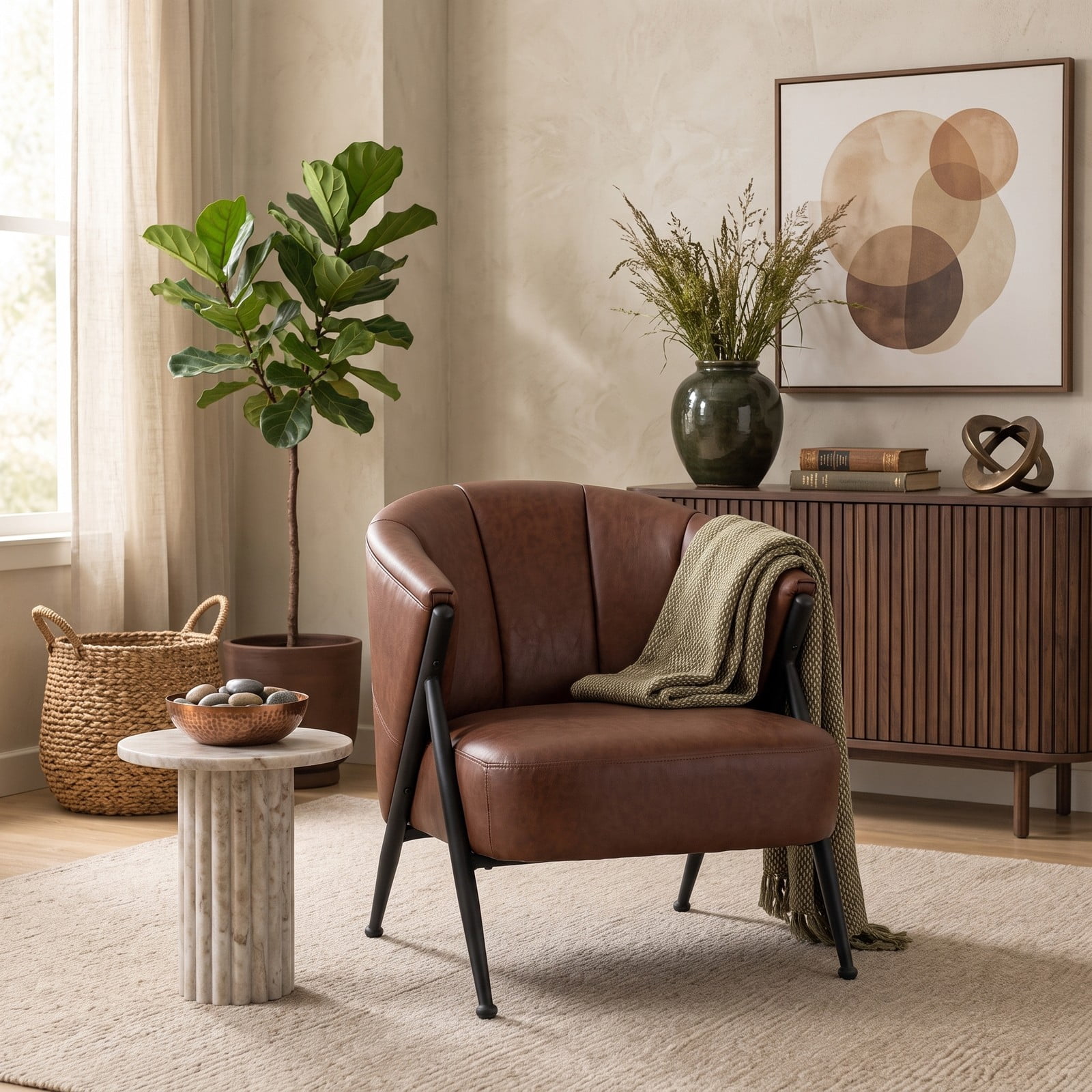 Furnibear Mid Century Modern Accent Chair, Comfy Upholstered Armchair with Curved Backrest and Wide Seat, 352 lbs Capacity Reading Lounge Chair for Living Room, Brown