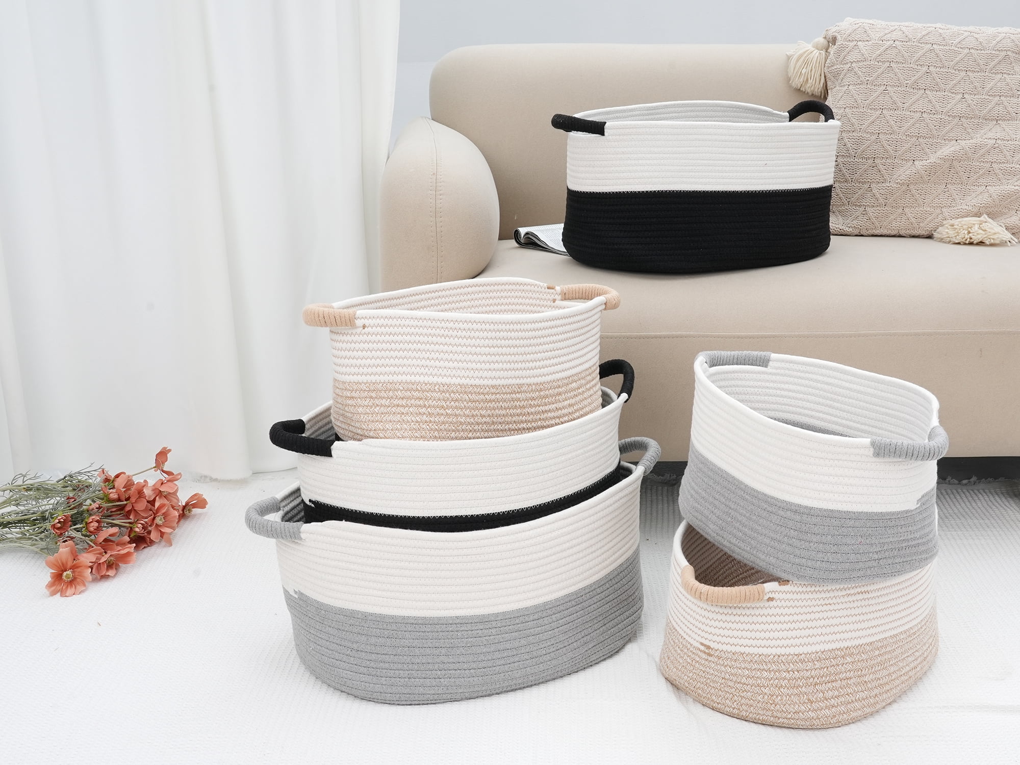 Unique Bargains Woven Storage Basket Bin with Handles White/Black 15.5*11.5*7.5in
