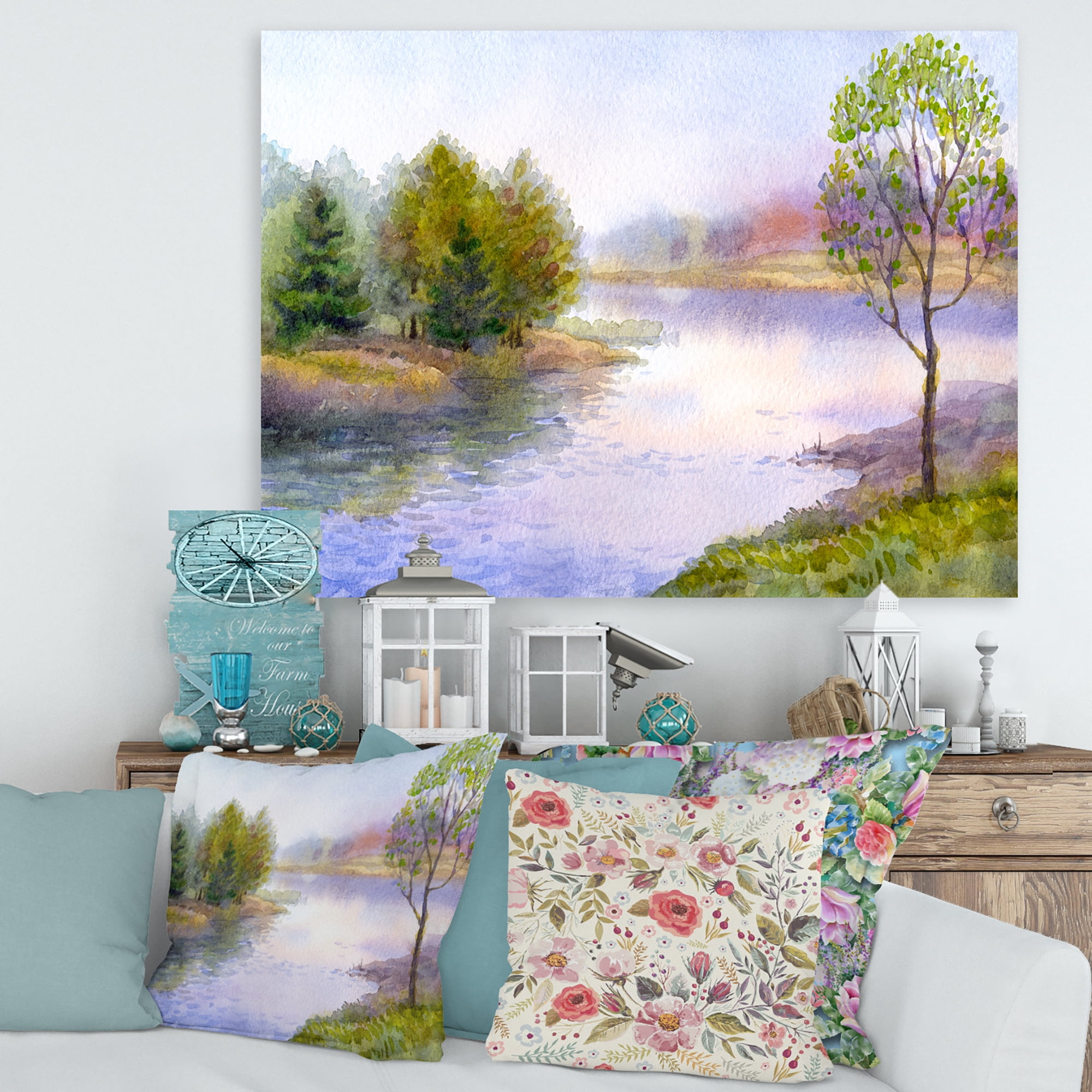 Designart ' Trees On The Bank Of River ' Lake House Canvas Wall Art Print