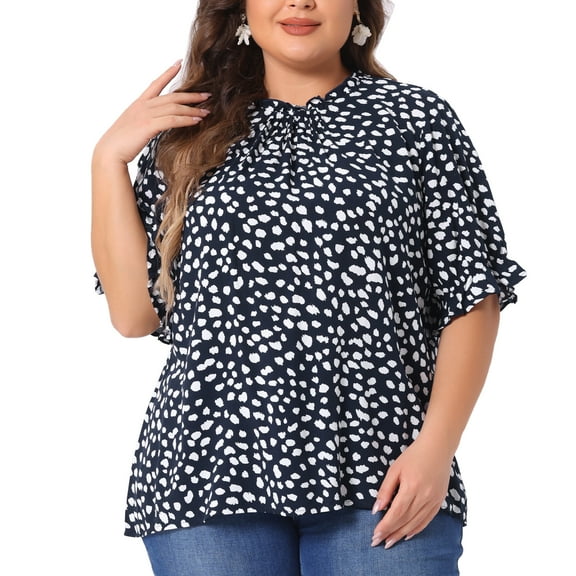 DARING DIVA Women's Plus Polka Dots Print Ruffle Hem Mock Neck Blouse 3X Navy Blue