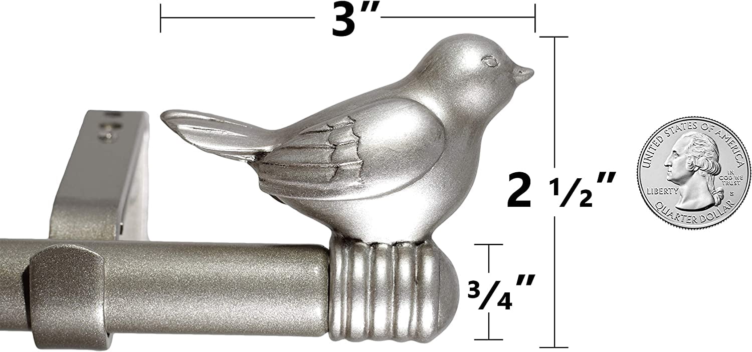 Urbanest 3/4-inch Cute Bird Designer Decorative Adjustable Window Treatment Curtain Single Rod Set, Heavy Duty, Antique Silver/Pewter, 28"-48"