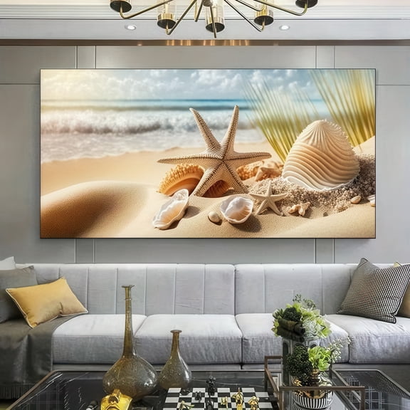 Beach Themed Framed Canvas Wall Art 48x24 Inch Coastal Seashell Starfish Print for Living Room Bedroom Home Decor