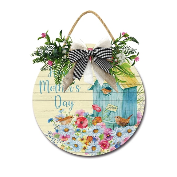 Eveokoki Happy Mother’s Day Sign Front Door Porch Decorations, Round Rustic Wood Hanging Sign for Farmhouse Porch Outdoor Home Holiday Front Door Sign Decor