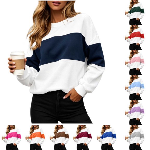 Josdec Women's Two Tone Color Block Crew Neck Sweatshirt, Drop Shoulder Long Sleeve Loose Pullover, All Season Daily Casual Loungewear Tops
