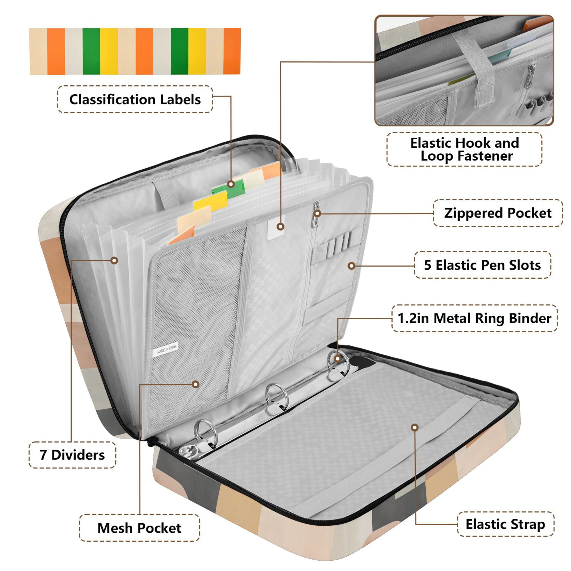 FORMRS Accordion File Folder A4 Size 7-Pocket Expanding Document Organizer Bag with 3 Ring Binder, Abstract Shapes