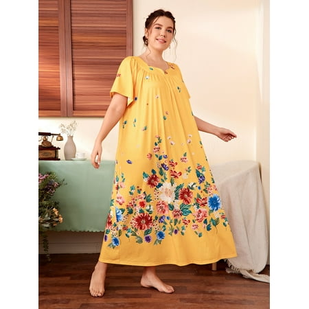 

Yellow Royal Women s Plus Floral Print Notch Neck Sleep Dress 4XL(20) Y22001D