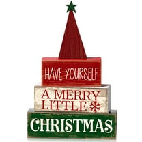 WatDenyFine Merry Christmas Wooden Tiered Tray Decor Set, Festive Holiday Blocks & Santa Hat Topper, Table Centerpieces, Cute Kitchen Christmas Gift for Bakers, Families & Friends