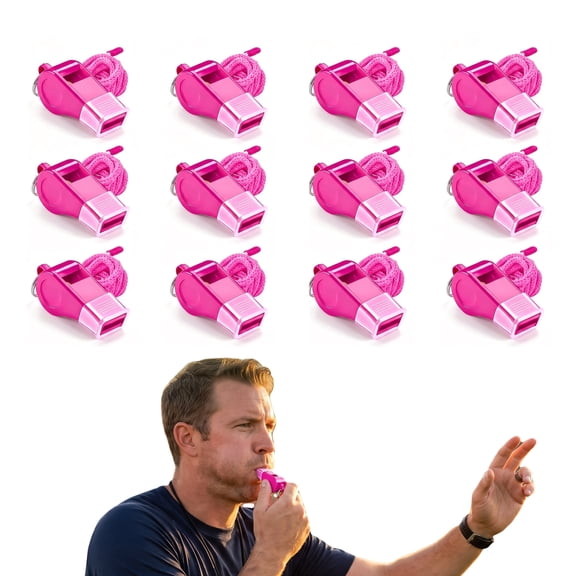 12 Pack Pink Plastic Whistles with Lanyard, Loud Sports Whistle for Coaches, Referees, Emergency Training