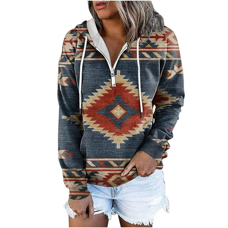 Aztec Quarter Zip Pullover Women,Women 1/4 Zip Aztec Hoodie Pullover  Geometric Crewneck Sweatshirt Western Ethnic Vintage Sweater with Pockets 