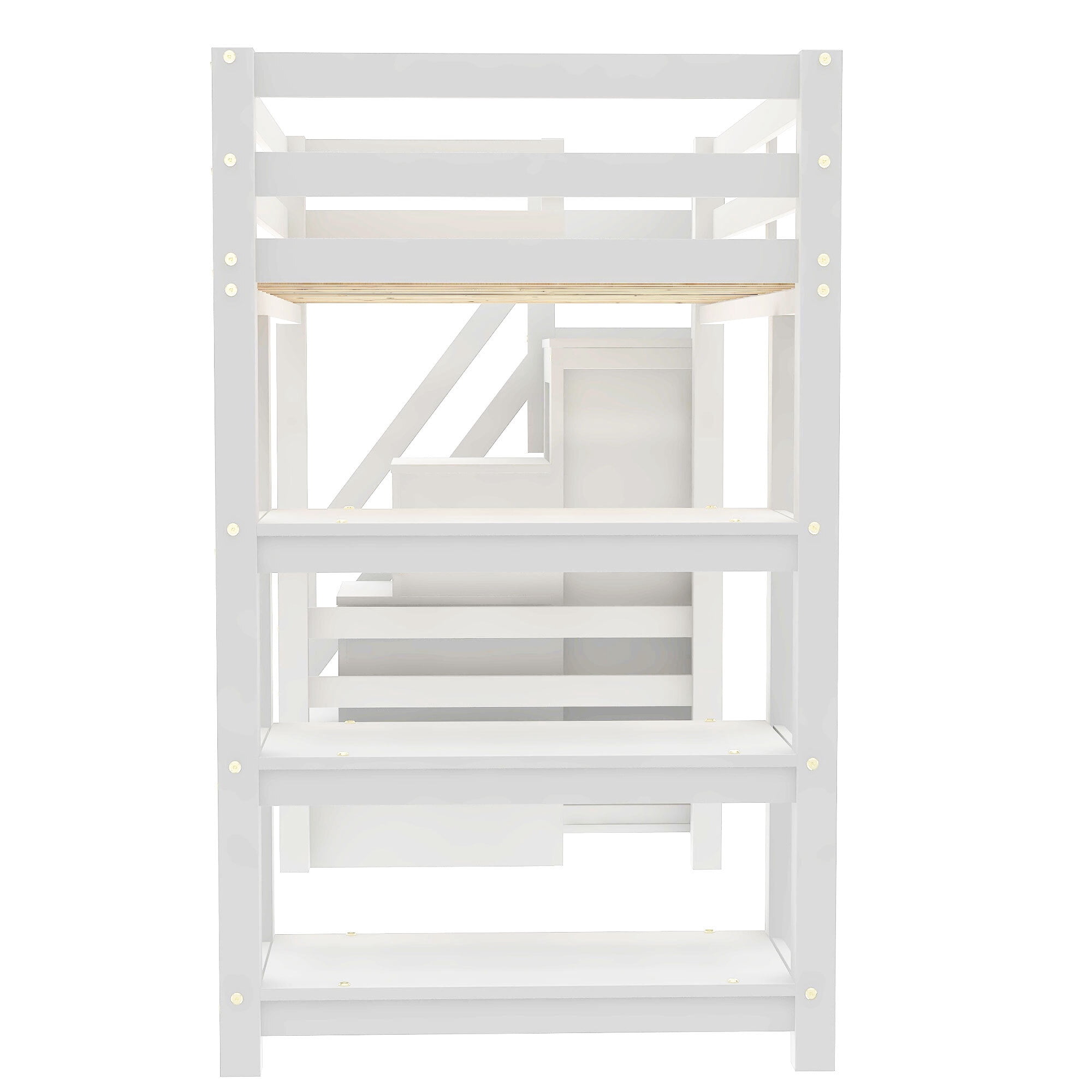Euroco Wood Twin Size Loft Bed with Storage Staircase and Shelves, LED Light and Wardrobe for Kids, White