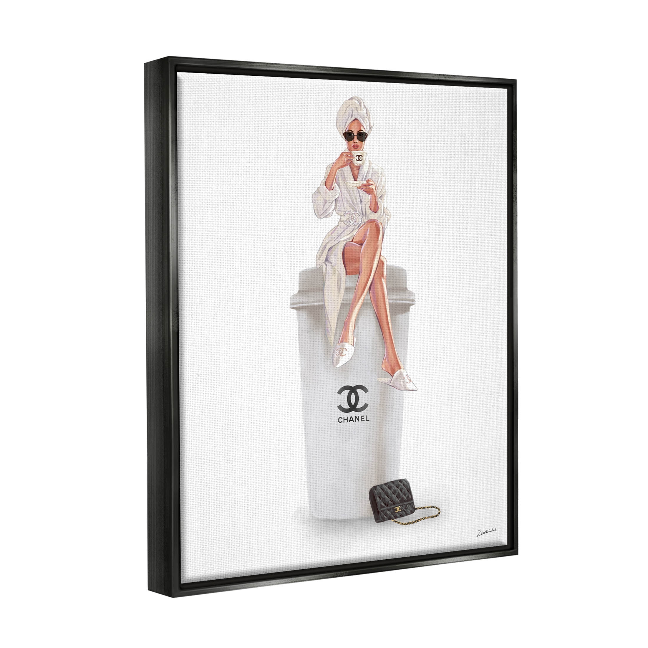 Stupell Industries Morning Brunch Glam Girl Sipping Coffee Graphic Art Jet Black Floating Framed Canvas Print Wall Art, Design by Ziwei Li