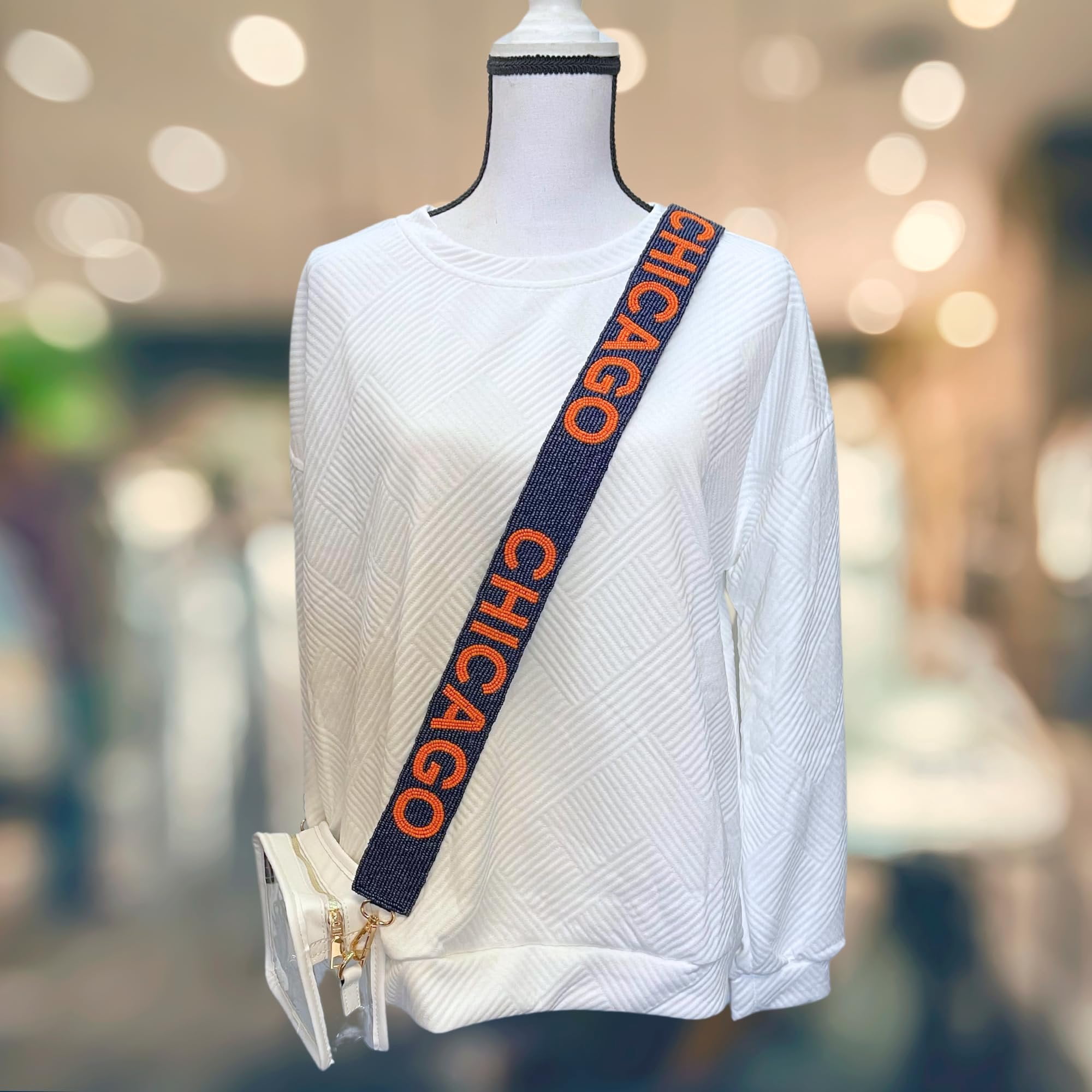 Lashicorn Chicago Navy Blue Beaded Purse Strap Orange Letters 49 Pro Football Stadium Approved Clear Bag Bear Gold Hardware Sports Illinois