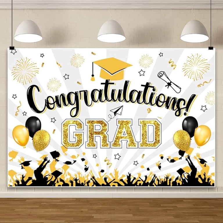 Graduation Banner 71x43 Inches - Class Of 2025 Decor With Balloons & Caps, Gold Silver Theme, Outdoor/Indoor Backdrop