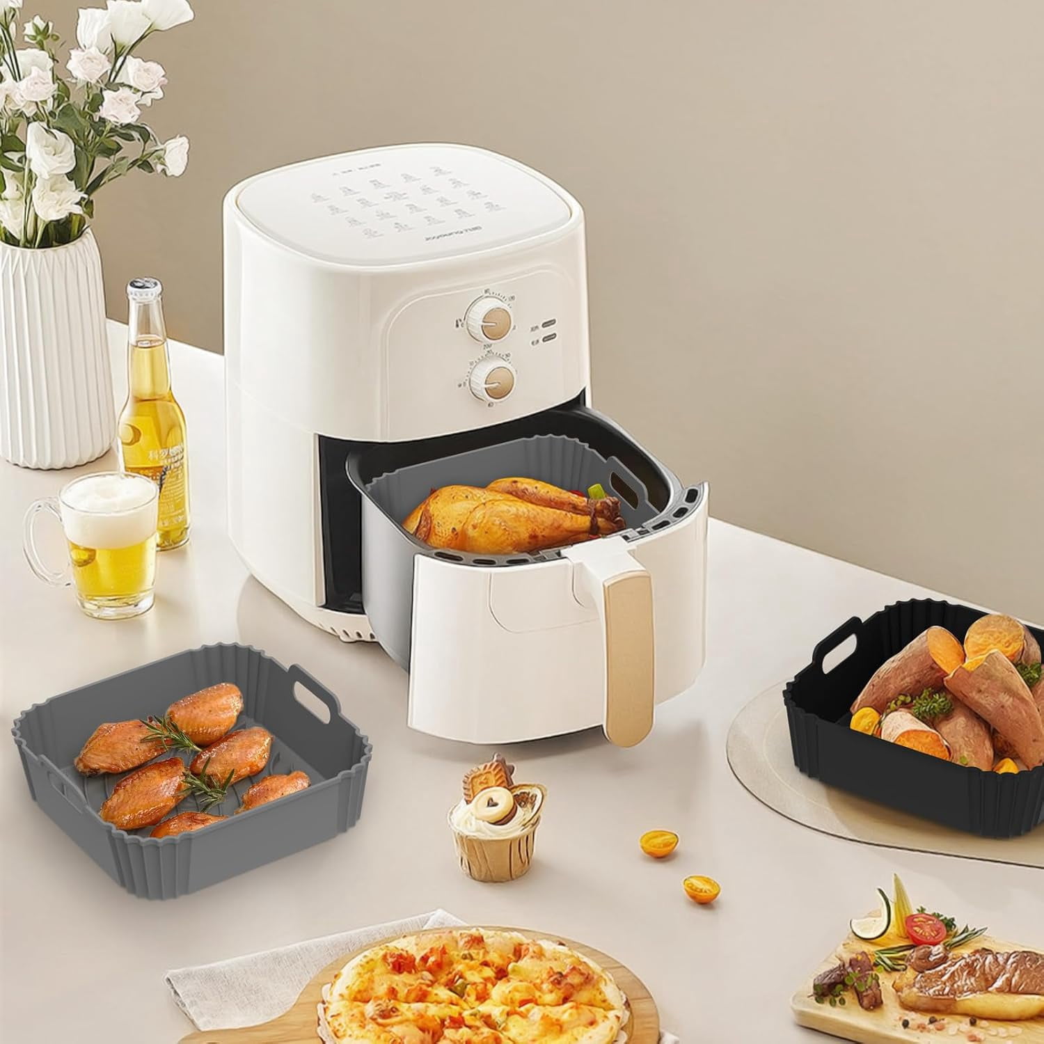 Air Fryer Silicone Liners, Square Airfryer Liners, Silicone Air Fryer Liners Reusable for 4-6 QT, Air Fryer Accessories Replacement for Parchment, Airfryer Liners Silicone