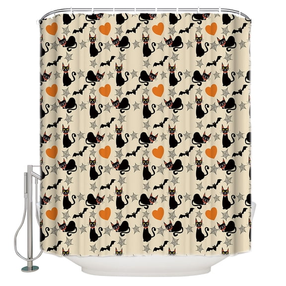 Fabric Shower Curtain, Halloween Element Dark Cat and Bats Bathroom Curtain with 12 Hooks Waterproof No Bad Odor Machine Washable Bath Curtains for Bathroom, Spa Room, Background Cloth, 54"x78"