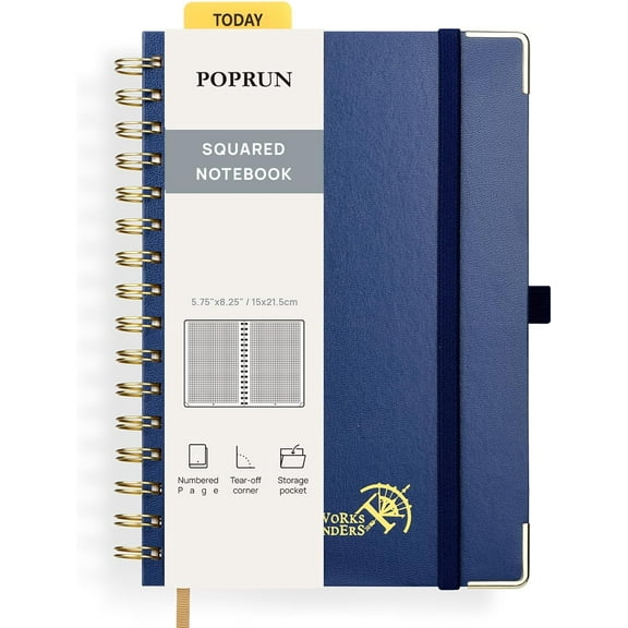 Spiral Journal Notebook, [A5-5.75'' x 8.25''] - 120 GSM Thick Paper, 141 Numbered Pages, Grid Notebooks for Men & Women with Pocket, Index Tabs, 8 Perforated Sheets,Navy Blue