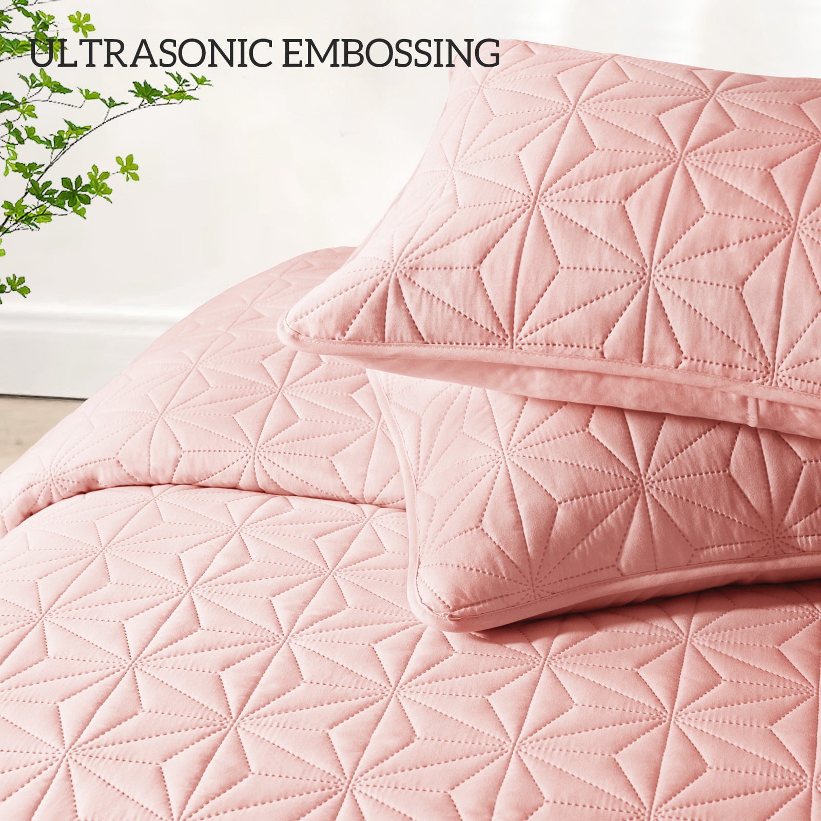 Whale Flotilla Microfiber California King 104"x 112" Quilt Set Lightweight Quilted Bedspreads Coverlets Set with Stars Pattern, Blush Pink