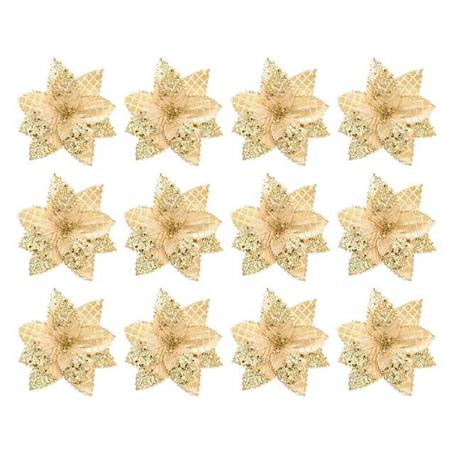 Inteprter 12 paquetes / lote Agregar encanto con flor de Navidad - Amplia aplicación para cualquier ocasión Flor de imitación de Navidad Kits de decoración para fiestas dorado