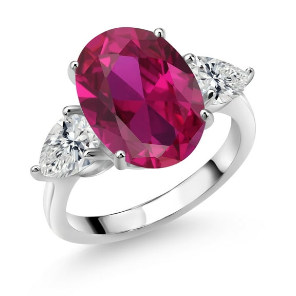 Gem Stone King 925 Sterling Silver Red Created Ruby and Lab Grown Diamond Engagement Ring for Women | 4.04 Cttw | Oval 14X10MM | Gemstone July Birthstone | Size 9