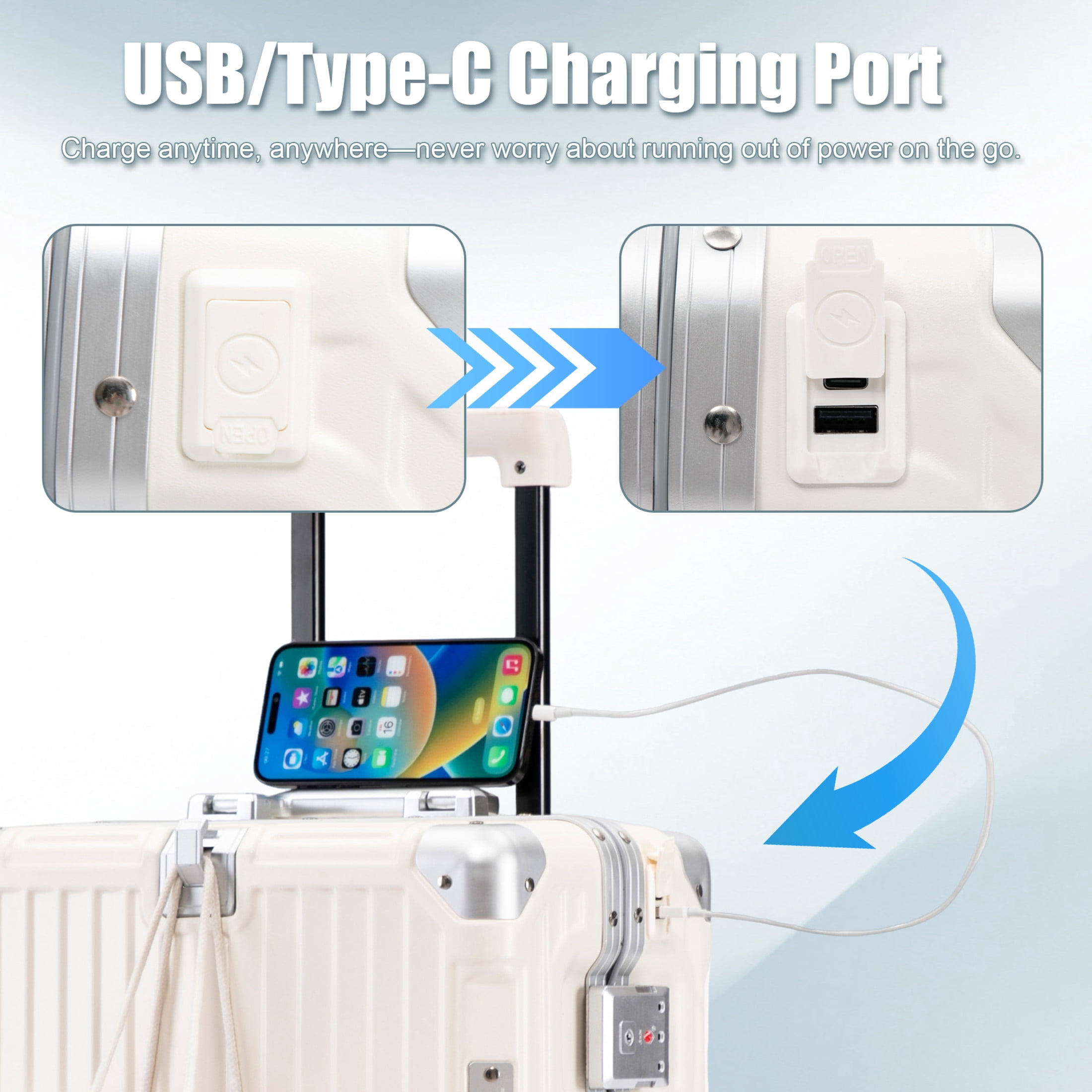 GDF Studio 20" Aluminum Frame ABS Carry-On Luggage with Charging Port & Cup Holder, Spinner Wheels Travel Trolley, Milk White