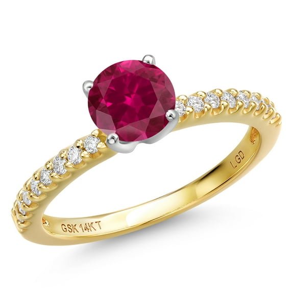 Gem Stone King 14K Two Tone Gold Red Created Ruby and Lab Grown Diamond Engagement Ring for Women | 1.16 Cttw | Round 6MM | Gemstone July Birthstone | Size 7