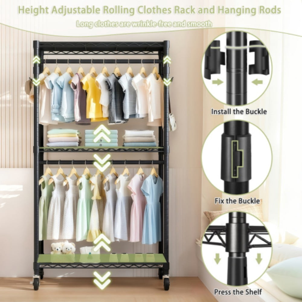 Rolling Clothes Rack, Heavy Duty Garment Rack with Wheels, 3-Tier Adjustable Wire Shelving, 2 Clothes Rails & Side Hooks, Portable Closet Organizer, Black