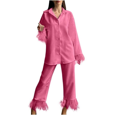 

Ziloco Women s Fall New Style Long Sleeve Feather Pocket Drape Shirt Top pajama pants Pink L