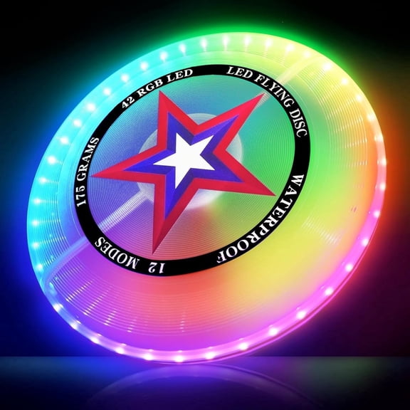 Frisbees flying discs with 12 lighting modes, IP67 waterproof rating, lightweight design. Perfect for outdoor camping activities and yard games, ideal as a birthday or holiday frisbee gift.