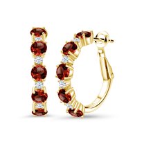 Gem Stone King 18K Yellow Gold Plated Silver Red Garnet and White Zirconia Hoop Earrings for Women (3.94 Cttw, Round 4MM and 1.9MM, Gemstone Birthstone 1 inch Diameter)