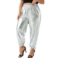 thumbnail image 4 of Pantalones jogger de mujer plus size Agnes Orinda, metálicos, brillantes, de cintura alta, elásticos, pantalones holográficos, sudadera 1X plateada, 4 of 6