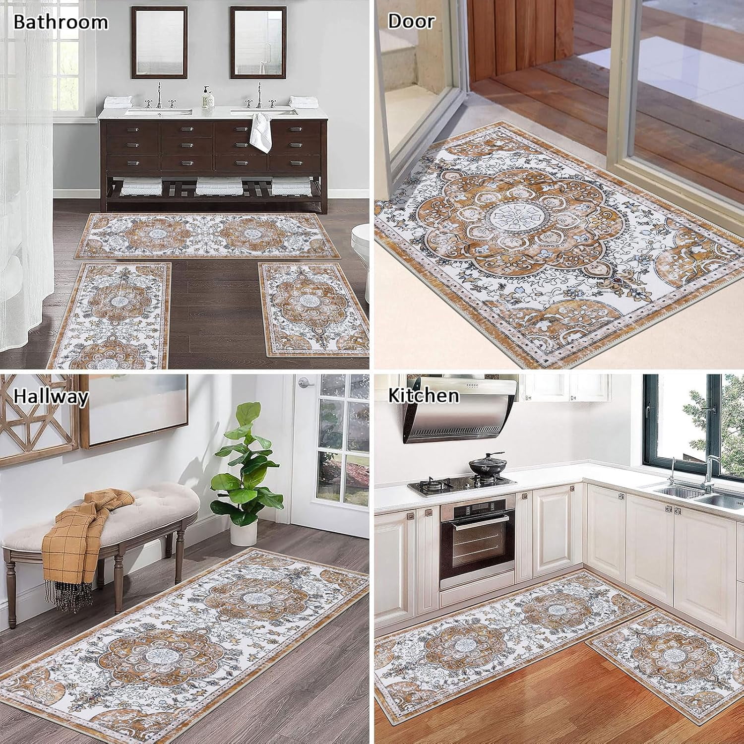 Boho Kitchen Rugs Sets 3 Piece with Runner Floral Kitchen Floor Mat Carpet Farmhouse Kitchen Rugs and Mats Non Skid Washable Runner Rug for Kitchen Floor Office Sink Laundry, Beige
