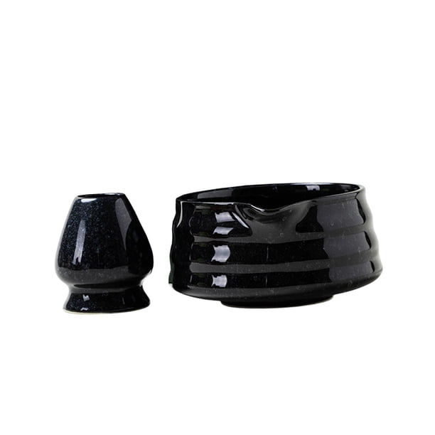 2 cuencos de cerámica para matcha, batidor de té y soporte para batidor, utensilios de té para la familia, regalo de escritorio para cocina para Negro