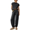 thumbnail image 3 of Women's 2 Piece Set, Summer Short Sleeve Top and Loose Fit Pants Outfit, Casual Cuffed Ankle Lounge Set, Matching Outfit Set for Women, Summer Lounge Set and Casual Wear-Black, 3 of 9