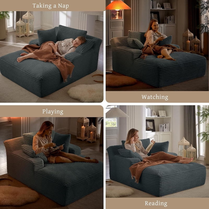 Oversized Chaise Lounge Chair Indoor, Upholstered Sofa Bed Sleeper Sofa Corduroy Cloud Couch Boneless Sofa Reading Chair with 3 Pillows for Living Room, 49.2''x66.1''