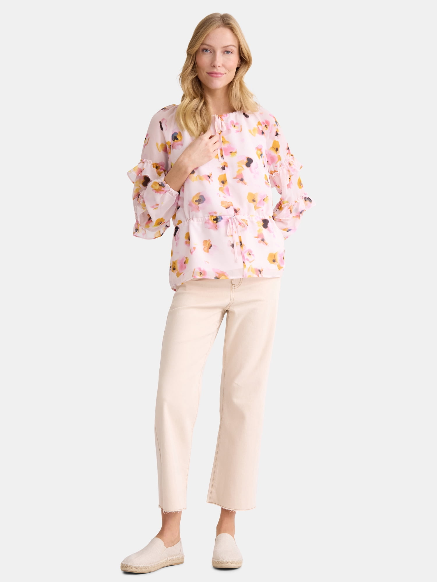 The Pioneer Woman Floral Print Blouse with Ruffle Sleeves, Sizes S-3XL, Women’s