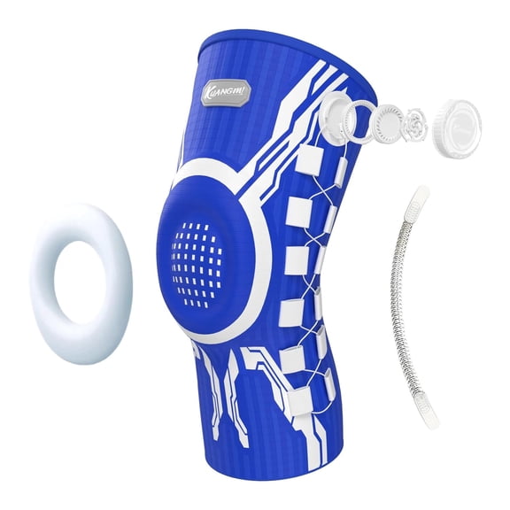 Kuangmi Professional Knob Adjustment Knee Brace – Sports Knee Support with Side Stabilizers & Patella Gel Pad for Men & Women, Ideal for Basketball, Running, Weightlifting(Blue White Single Left L)