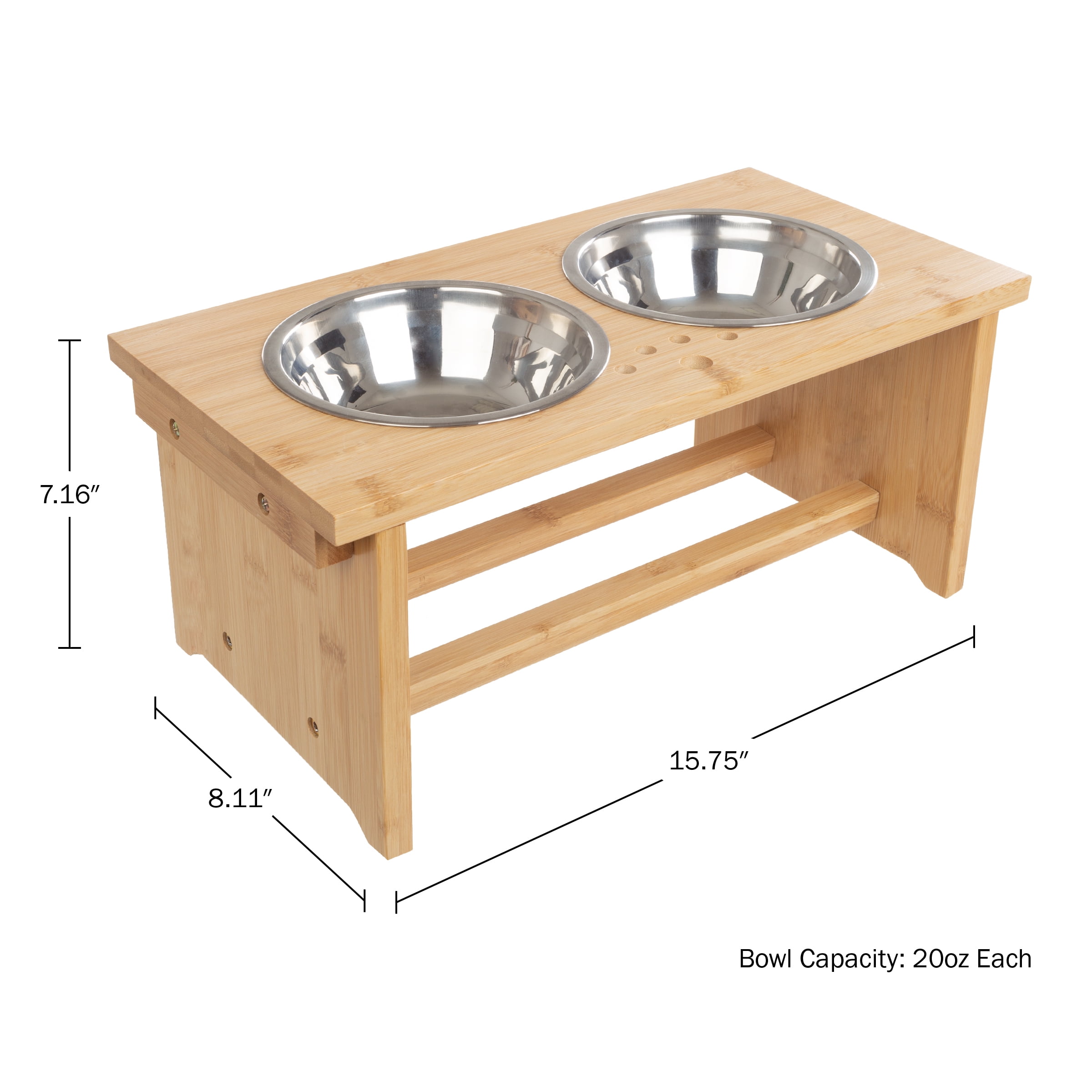 Petmaker Elevated Dog Pet Bowls with Stand - 7-Inch Bamboo Feeder with 2 Stainless Bowls - Hold 20oz