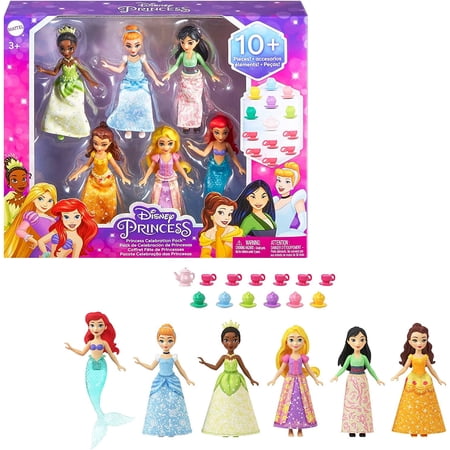 Mattel Disney Princess Toys, 6 Posable Small Dolls with Sparkling Clothing and 13 Tea Party Accessories Inspired by Disney Movies