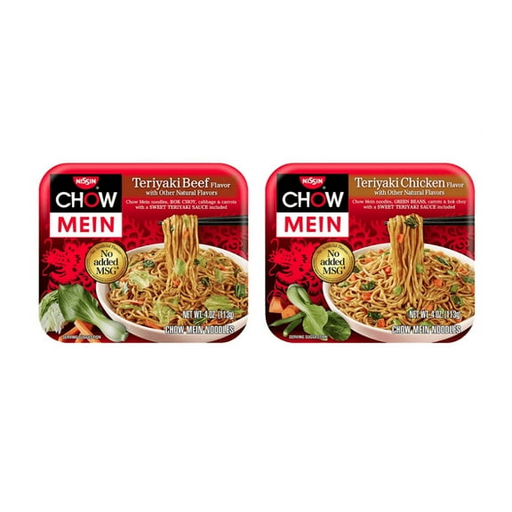 Nissin Chow Mein Noodles, Teriyaki Chicken Flavor in bundle with Teriyaki Beef Flavor 4 oz. each (4 pack)