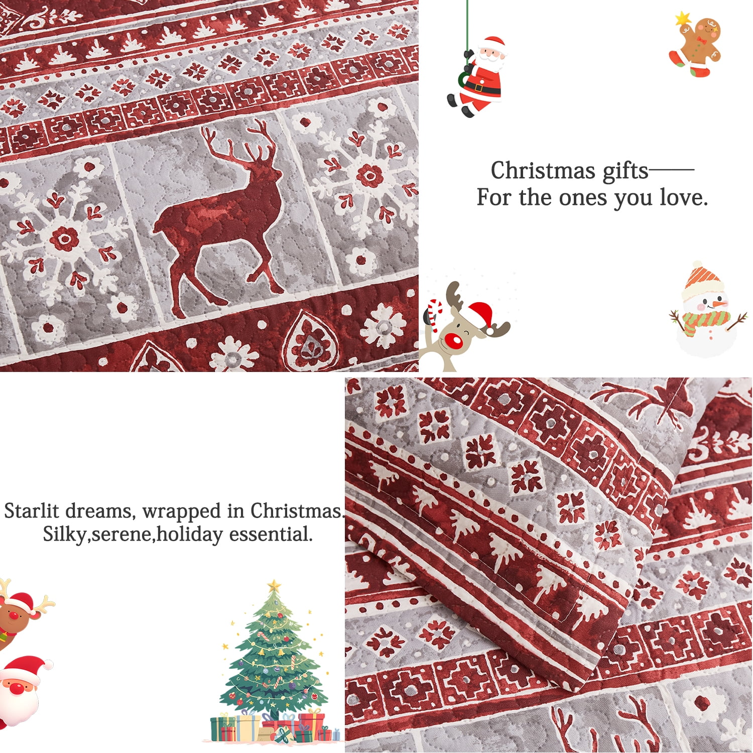 Jessy Home Christmas Quilt Set Queen/Full Size Rustic Holiday Bedding Set Red Moose Cabin Lodge Quilt Lightweight Soft Microfiber Xmas Bedspread Coverlet Christmas Gift with 2 Pillowcases