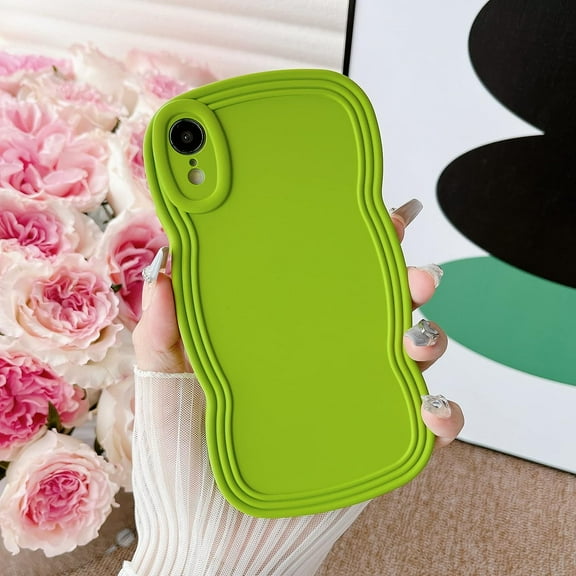 for iPhone XR Case 6.1 Inch Curly Wave Frame Phone Case Cute Design Color Aesthetic Phone Case Soft TPU Shockproof Protective Bumper Case Cover for Girls, Green