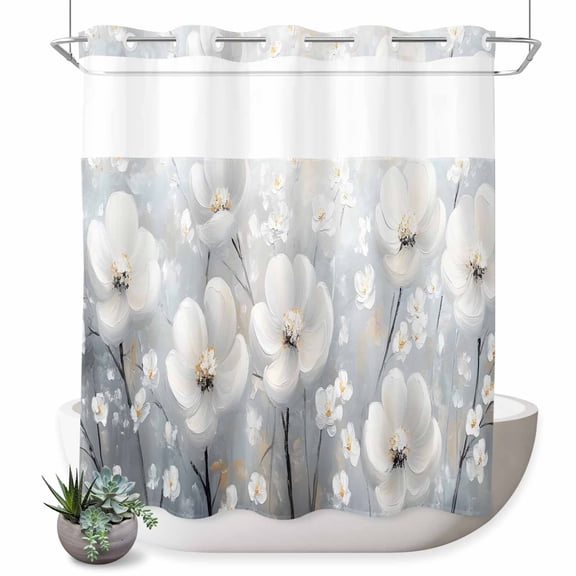 No Hook Shower Curtain, White Flowers Shower Curtains for Bathroom with See Through Top Window, Retro Camellia Floral Spring Grey Modern Art Waterproof & Washable Bath Curtain 66"x72"