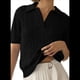 thumbnail image 2 of Suéter de Corta con Cable para Mujer, Top de Punto Liso con Cuello en V y Solapa, Camisa Informal Suave, Color Negro, Talla XL, 2 of 6