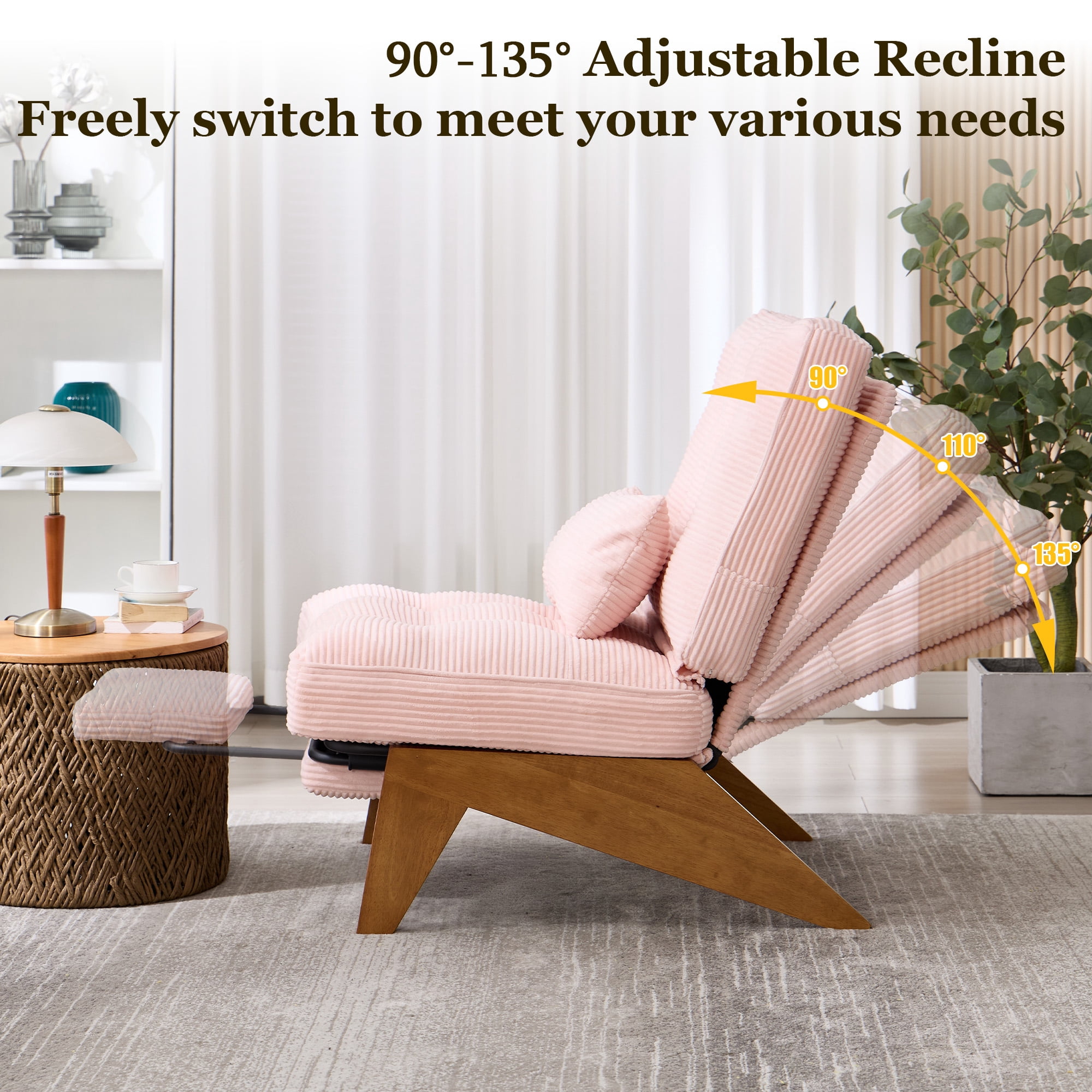 MOONMISS Modern Adjustable Lounge Chair with Footrest,Wooden Base Upholstered Recliner for Reading Rest Corduroy