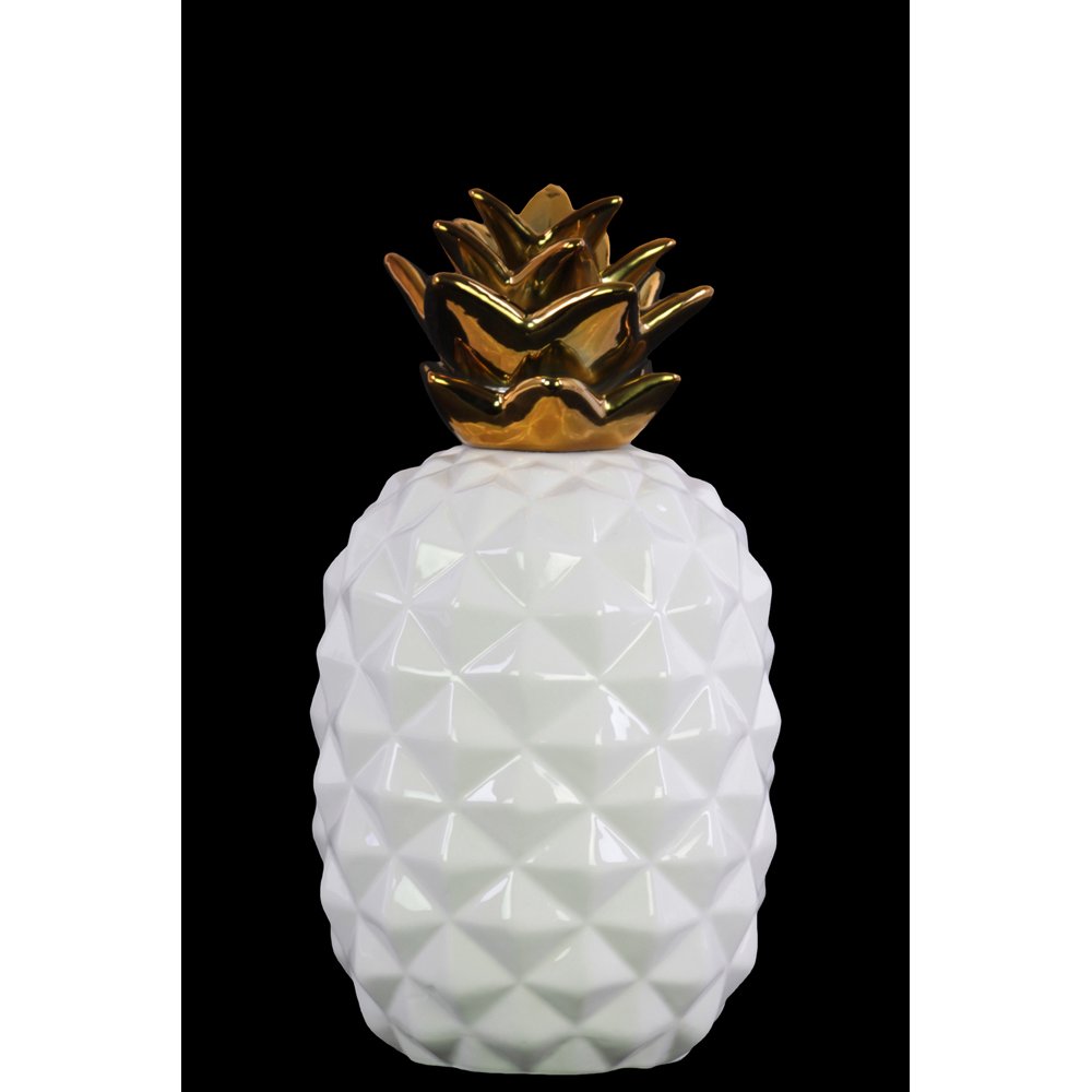 Ceramic pineapple decor figurine with gold top small white benzara