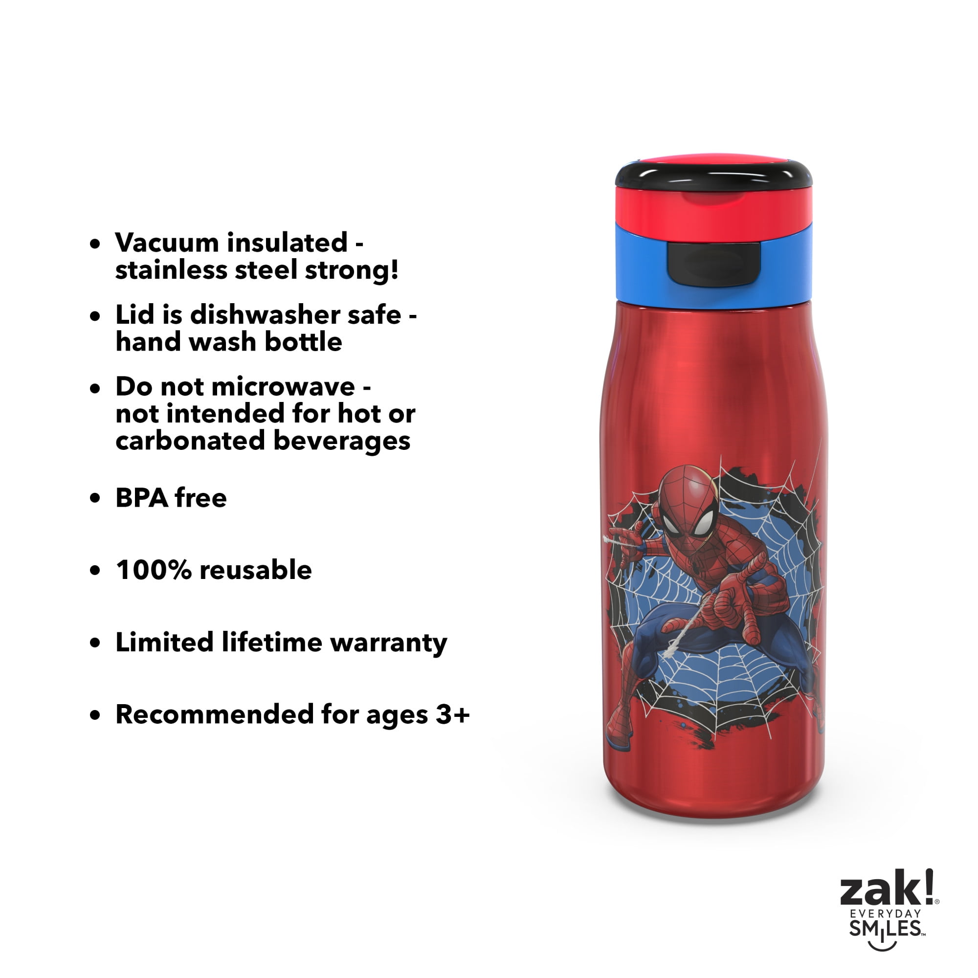 Zak Designs Marvel Comics 13.5 ounce Vacuum Insulated Stainless Steel Water Bottle, Spider-Man
